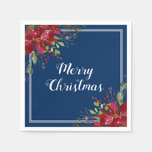 Poinsettia Navy Blue Merry Christmas Holiday Napkin (Front)