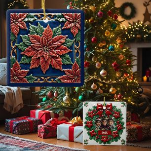 Poinsettia on Blue Christmas Customisable Ceramic Ornament