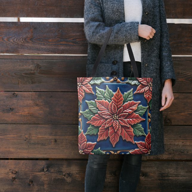 Poinsettia on Blue Tote Bag (Creator Uploaded)