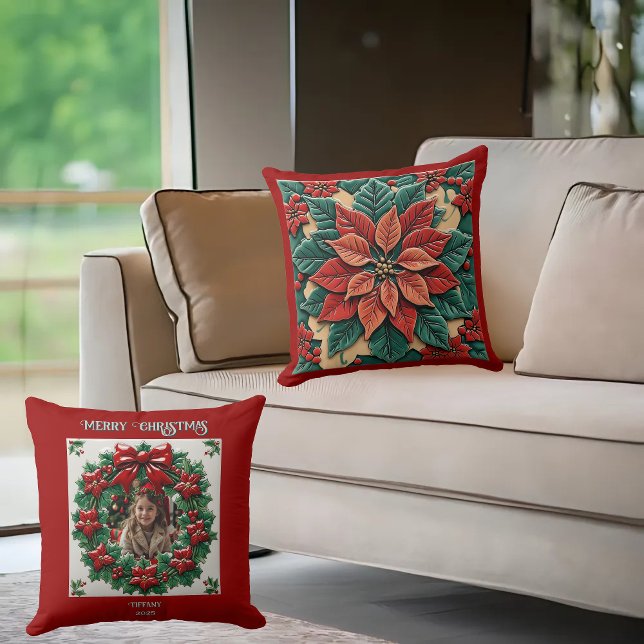 Poinsettia on Red Throw Pillow (Creator Uploaded)