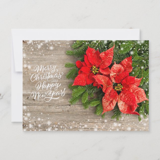 Poinsettia on Wood Business Christmas Holiday Card (Front)