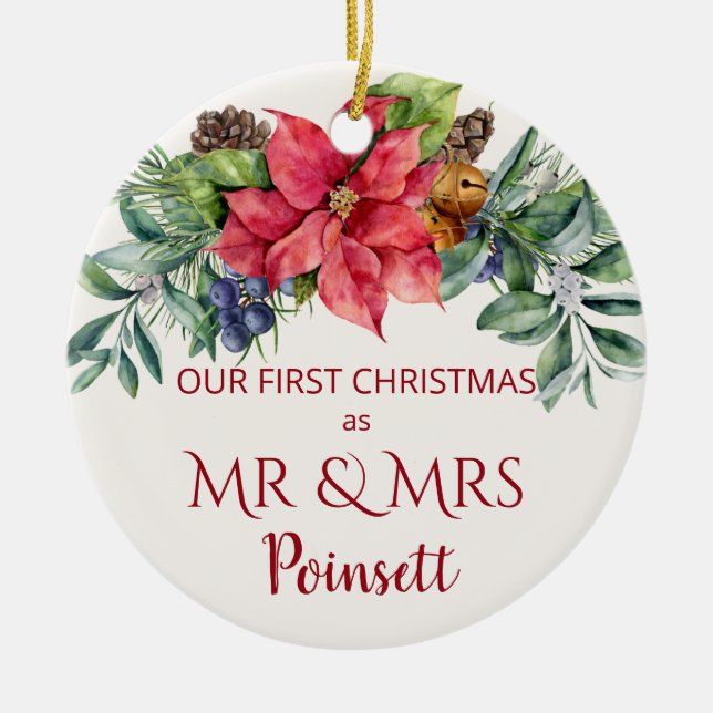 Poinsettia, Our 1st Christmas as Mr & Mrs Photo Ceramic Tree Decoration (Front)