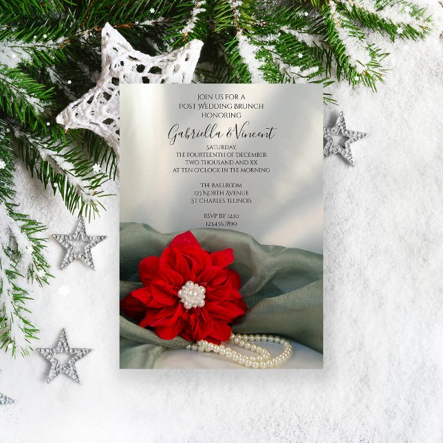 Poinsettia Pearls Green Winter Post Wedding Brunch Invitation (Set a festive tone with the Red Poinsettia and Pearls Winter Post Wedding Brunch Invitation.)