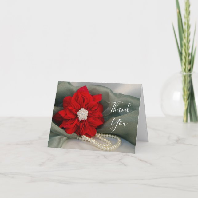 Poinsettia Pearls on Green Bridesmaid Thank You Card (Front)