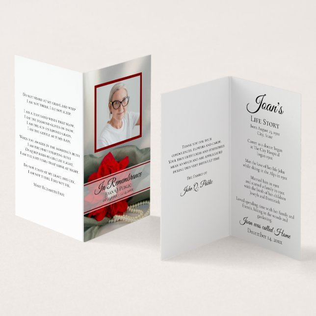 Poinsettia Pearls Winter Funeral Memorial Prayer Business Card (Inside and Outside)