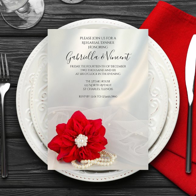 Poinsettia Pearls Winter Wedding Rehearsal Dinner Invitation (The Poinsettia and Pearls Wedding Rehearsal Dinner Invitation is perfect for your December event.)