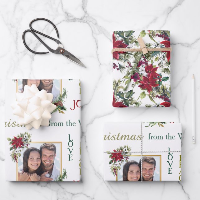 Poinsettia Photo Template Love Peace Joy Christmas Wrapping Paper Sheet (Front)