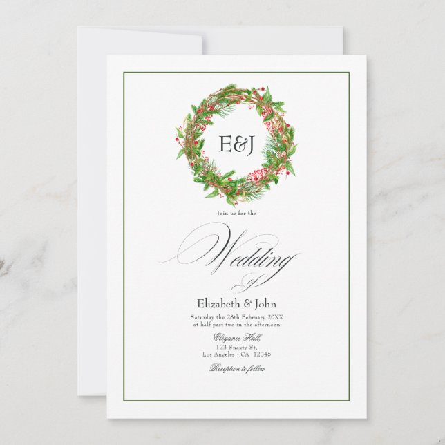 Poinsettia & Pine Christmas Wedding Charm QR Code Invitation (Front)