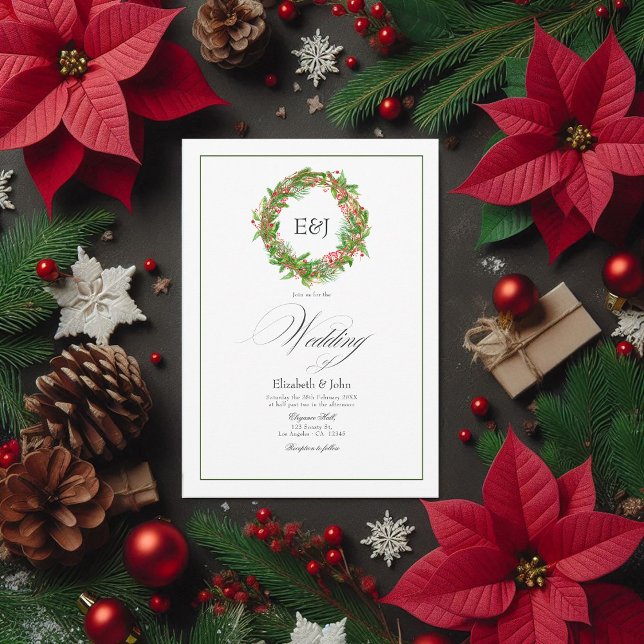 Poinsettia & Pine Christmas Wedding Charm QR Code Invitation (Poinsettia & Pine Christmas Wedding Charm QR Code Invitation)