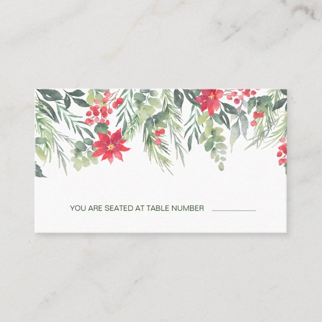 Poinsettia Pine Green Foliage Red Berry Place Card (Front)