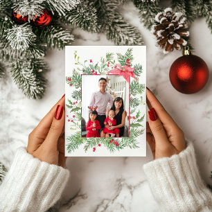 Poinsettia, Pine & Holly Botanical Photo Christmas Holiday Card