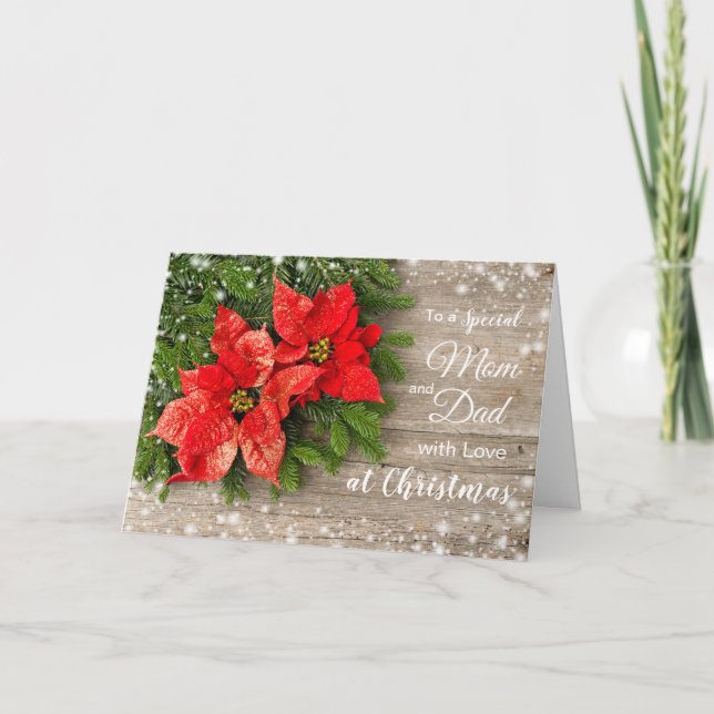 Poinsettia,  pine on wood Christmas Mum and Dad Holiday Card (Front)