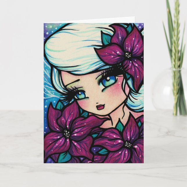 Poinsettia Pixie Winter Fairy Christmas Art Card (Front)
