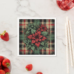 Poinsettia Plaid Fabric Grunge Art Decoupage Napkin