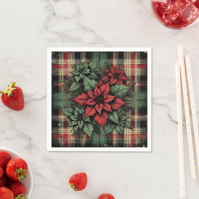 Poinsettia Plaid Fabric Grunge Art Decoupage Napkin (Insitu)