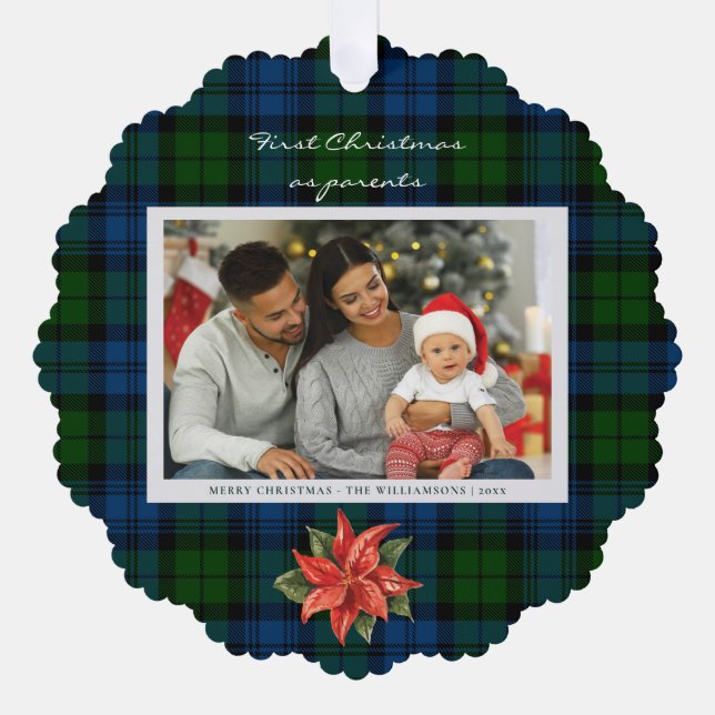 Poinsettia Plaid Family Photo Christmas Tartan Tree Decoration Card (Front)