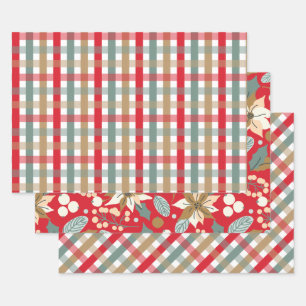 Poinsettia plaid red background winter holiday wrapping paper sheet