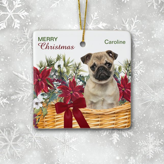 Poinsettia Pug Dog Christmas Basket Ceramic Ornament (Creator Uploaded)