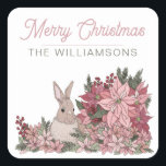 Poinsettia Rabbit Merry Christmas Pink Square Sticker<br><div class="desc">Poinsettia Rabbit Merry Christmas Pink Square Sticker features a gorgeous illustrated Merry Christmas sticker featuring pink poinsettia flowers and a bunny rabbit hiding among the flowers. This lovely holiday artwork makes the perfect sticker label to attach to your holiday gifts this year. Customise with your family name for an easy...</div>