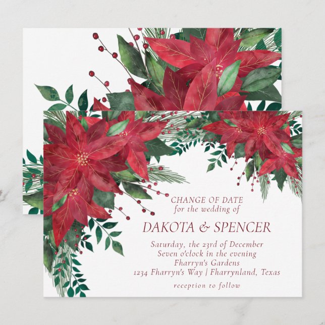 Poinsettia Red and Green Christmas Flower Wedding Invitation (Front/Back)