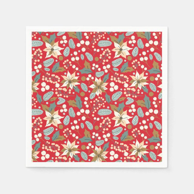 Poinsettia red background winter holiday napkin (Front)
