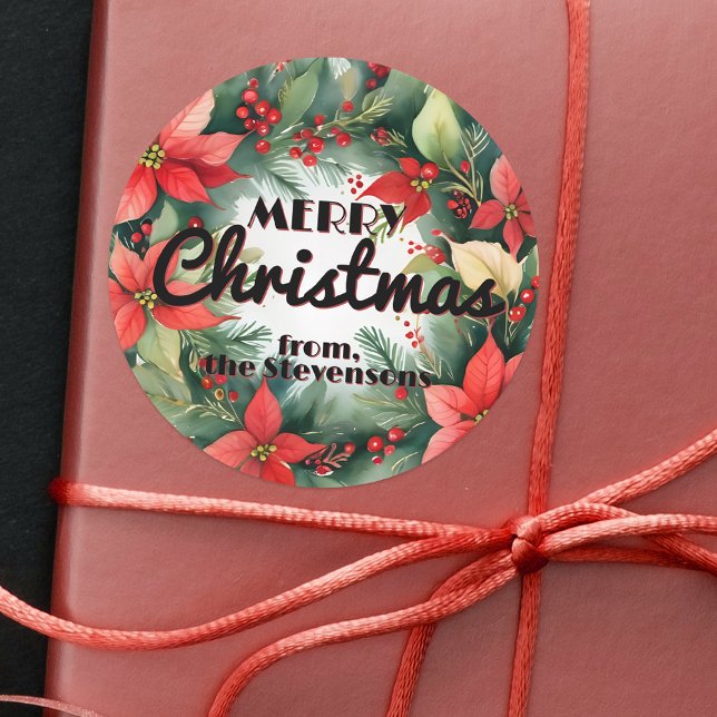 Poinsettia Red Berries and Holly Leaves Christmas Classic Round Sticker (Creator Uploaded)