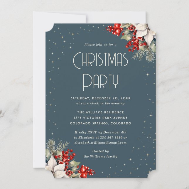 Poinsettia Red Berries Charcoal Christmas Party Invitation (Front)