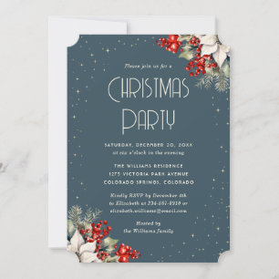 Poinsettia Red Berries Charcoal Christmas Party Invitation