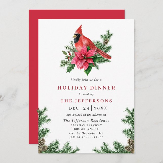 Poinsettia Red Cardinal Christmas HOLIDAY DINNER Invitation (Front/Back)