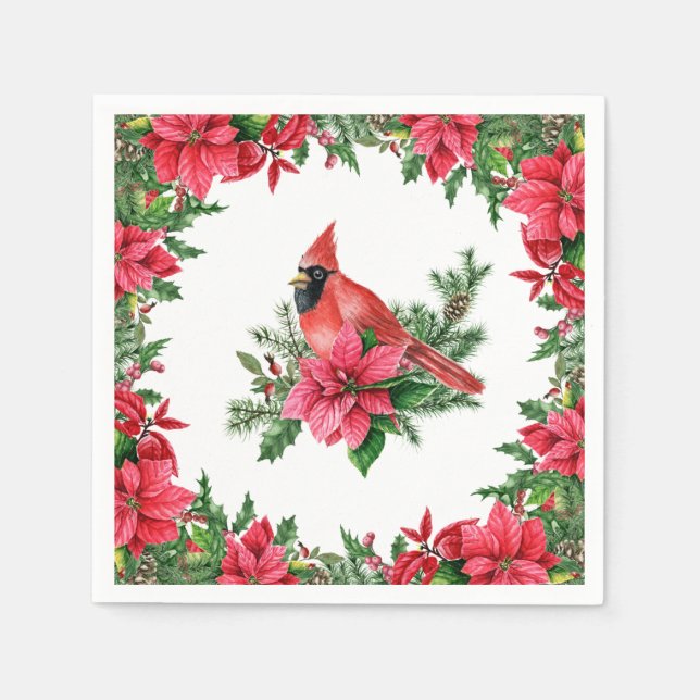 Poinsettia Red Cardinal Christmas Holiday Napkin (Front)