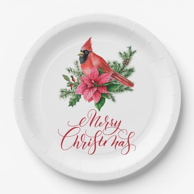Poinsettia Red Cardinal Christmas Holiday Paper Plate (Front)