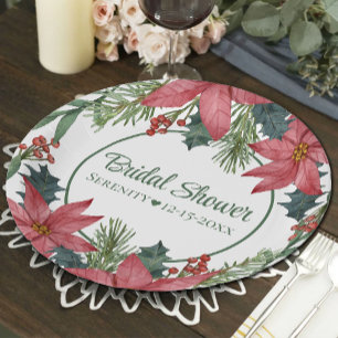 Poinsettia Red Christmas Floral  Bridal Shower Paper Plate