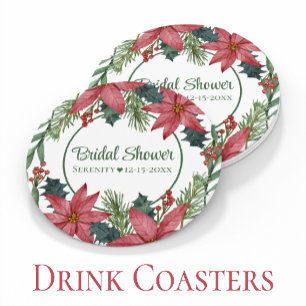 Poinsettia Red Christmas Floral  Bridal Shower  Round Paper Coaster