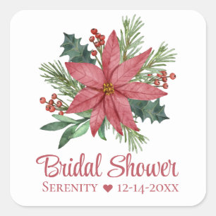 Poinsettia Red Christmas Floral Bridal Shower Square Sticker