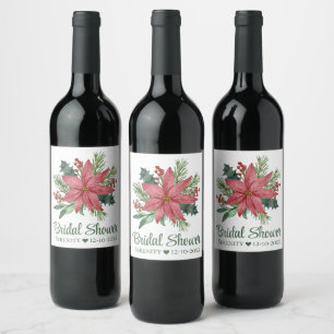 Poinsettia Red Christmas Floral Bridal Shower Wine Label
