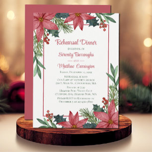 Poinsettia Red Christmas Floral Rehearsal Dinner Invitation