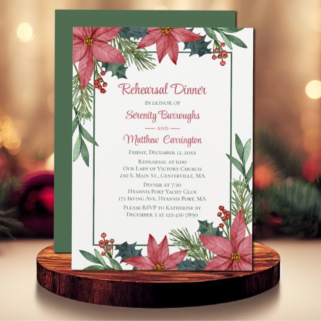 Poinsettia Red Christmas Floral Rehearsal Dinner  Invitation (Creator Uploaded)