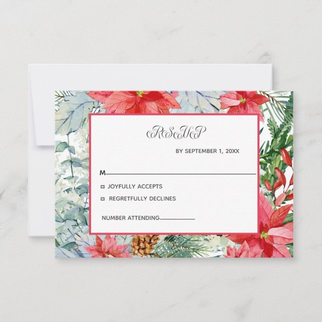 Poinsettia Red Evergreen Winter Christmas Wedding RSVP Card (Front)