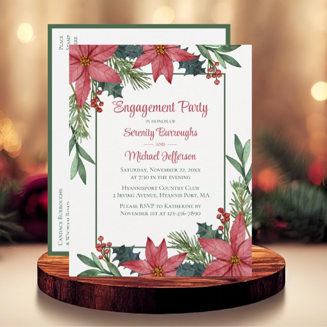 Poinsettia Red Floral Christmas Engagement Party Invitation Postcard (Creator Uploaded)