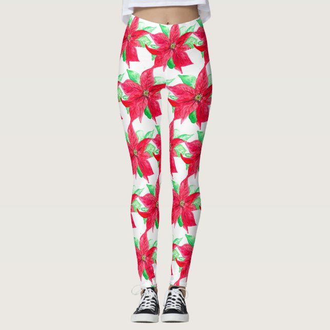 Poinsettia Red Floral Christmas Flower  Leggings (Front)