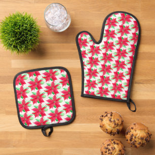 Poinsettia Red Floral Christmas Flower Oven Mitt & Pot Holder Set