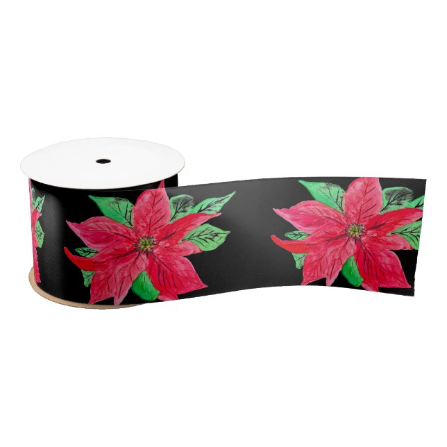 Poinsettia Red Floral Christmas Flower  Satin Ribbon (Spool)