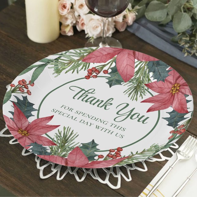 Poinsettia Red Floral Christmas Wedding  Paper Plate (Creator Uploaded)