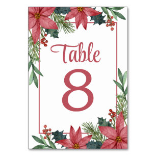 Poinsettia Red Floral Christmas Wedding Table Number