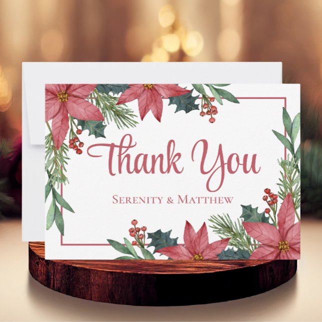 Poinsettia Red Floral Christmas Wedding Thank You Card (Creator Uploaded)