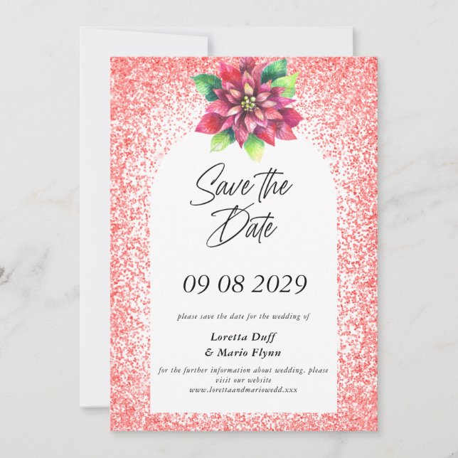 Poinsettia Red Glitter Save the date Invitation (Front)