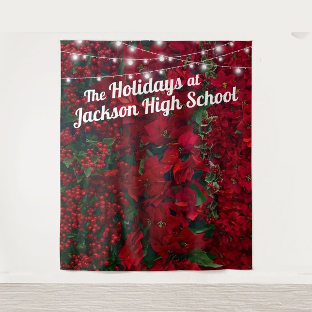 Poinsettia Red Green Leaves Holiday Photo Backdrop Tapestry (Front)