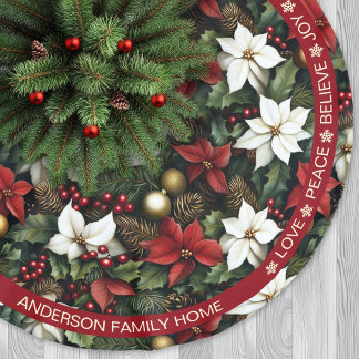 Poinsettia Red Green Pine Festive Words Christmas Brushed Polyester Tree Skirt