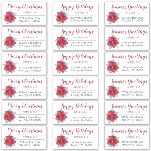 Poinsettia Red | Grey Christmas Address Labels (Front)