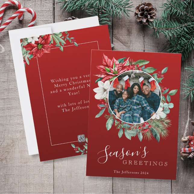 Poinsettia Red Photo Season's Greetings Christmas Holiday Card (Poinsettia Red Photo Season's Greetings Christmas Holiday Card)